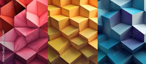 Discover a world of vibrant dimensions through this captivating triptych of 3D geometric art.