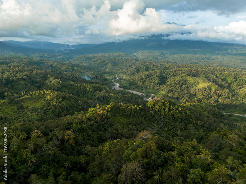 Majestic green landscape stretches across valleys under a soft sky with clouds in the afternoon light