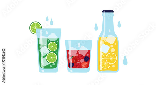 Refreshing summer drinks vector illustration set with mojito, berry cocktail, and lemonade in glass and bottle isolated on white background.