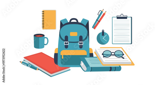 Tableau sur toile A vibrant flat vector illustration features a teal backpack surrounded by various school supplies like books, pens, a clipboard, and eyeglasses