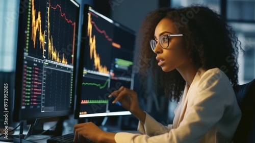 A dedicated financial analyst navigates the complexities of the global market under the glow of digital displays.