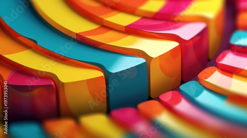 A rhythmic dance of vibrant colors and bold geometric shapes captured in a high-gloss 3D landscape.