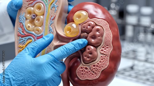 Medical Professional Demonstrating Kidney Anatomy Model with Gloved Hand in Laboratory Setting