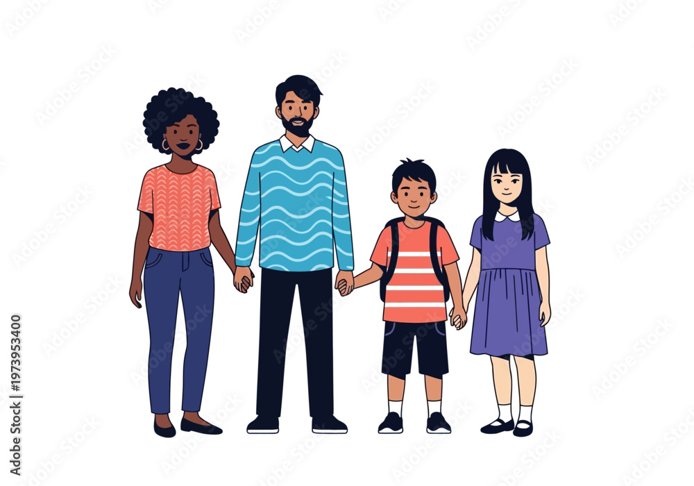 Fototapeta premium Diverse family holding hands ready for school adventure.
