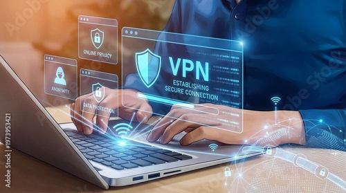 A person using a laptop with a VPN secure connection interface on the screen