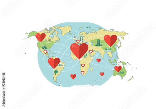 Hearts Spread Across The World Map Symbolizing Global Love And Connection.