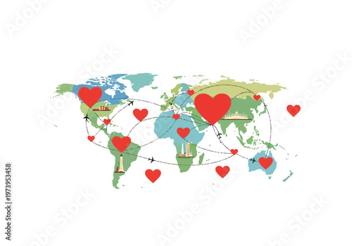 Global Love Connection Map with Hearts Across Continents.