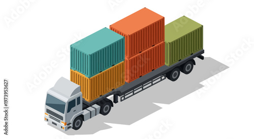Bild auf Leinwand Isometric Cargo Truck Transporting Containers for Global Logistics