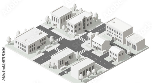 Isometric City Block with Buildings and Roads in Monochrome Style.