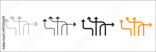 set of four different arrow direction icons showing branching paths diverging and merging in outline and solid styles with contrast and simplified graphic design elements