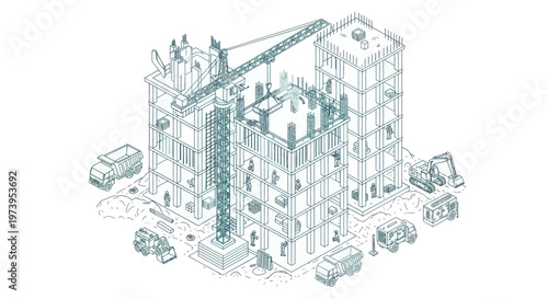 Isometric blueprint of a building under construction with crane and vehicles.