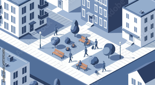 Isometric city park with people walking and relaxing among trees and benches.