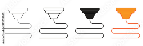 Set of simplified icons representing a 3d printer nozzle extruding filament in various styles including outline, solid black, and orange for technology and manufacturing concepts