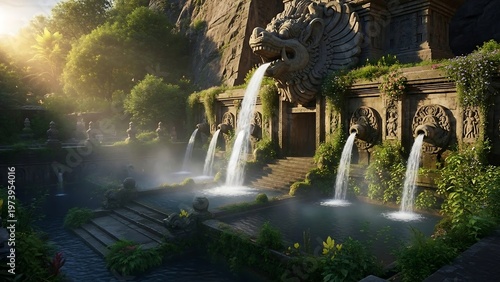 Enchanting Waterfall Oasis - A Serene Landscape of Ancient Architecture and Natures Beauty.