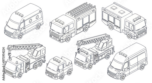 Isometric emergency vehicles set, including ambulance, fire trucks, and rescue vans, in a detailed line art style.