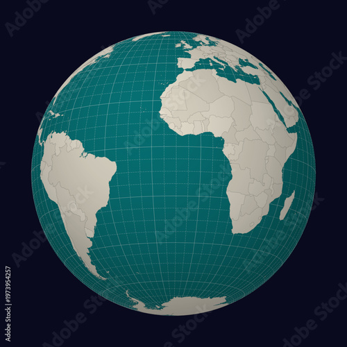 Saint Helena on the map. Globe centered to Saint Helena. Country location on the world map. Teal Pale Mint color palette. Globe with countries, meridians and parallels. Classy vector illustration.