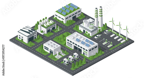 Isometric Green City with Sustainable Energy and Eco-Friendly Buildings.