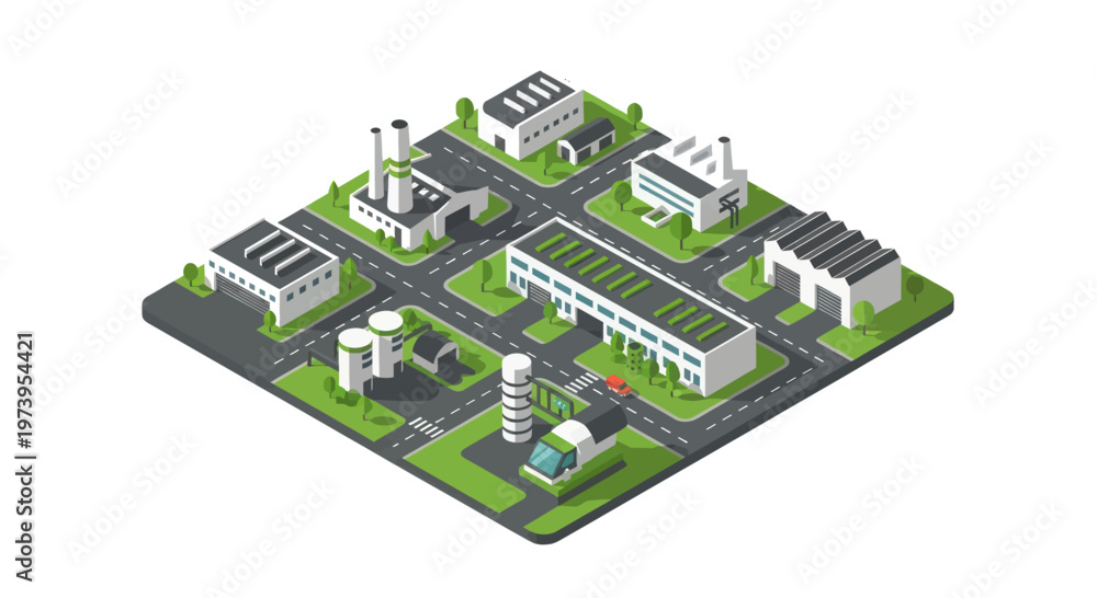 Obraz premium Isometric Industrial Cityscape with Factories and Infrastructure.