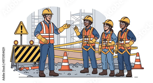 Illustrated design for World Day for Safety and Health at Work featuring a team of workers in safety vests and hardhats receiving instructions on a construction site, set against a plain