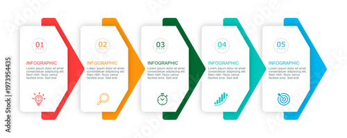 5 Steps Infographic Arrow Diagram with Icons, Modern Process Flow Chart Design, Clean Workflow Timeline Illustration, Business Strategy Roadmap Template, Minimal Flat Vector Concept Layout