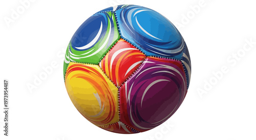 Detailed vector illustration of a colorful soccer ball with vibrant panels, featuring a swirling, dynamic pattern on each section, set against a clean white background in a bright
