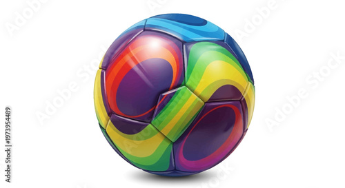Isolated against a clean white background, a vibrant multicolored soccer ball presents a dynamic swirling pattern, rendered in a flat vector illustration style with bright and cheerful
