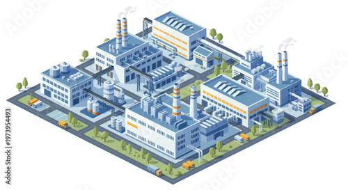 Isometric Industrial Complex with Factories and Infrastructure.