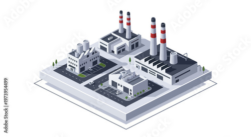Isometric Industrial Complex with Factories and Power Plants.