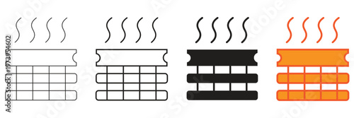 set of four heat icons representing warmth and energy including outline solid black and colored versions for home heating or industrial applications