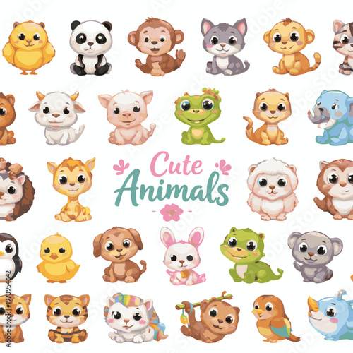 Collection of cute cartoon animals on white background