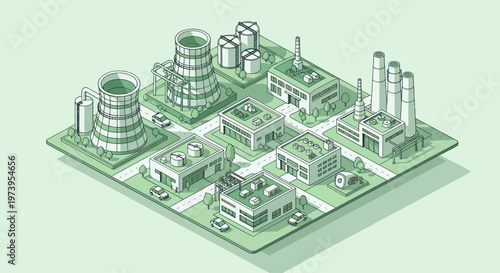 Isometric Industrial Factory Complex with Cooling Towers and Smokestacks.