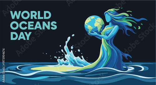 Фотография World Oceans Day artistic illustration with mythical water goddess holding Earth globe on dark background for environmental protection social media asset