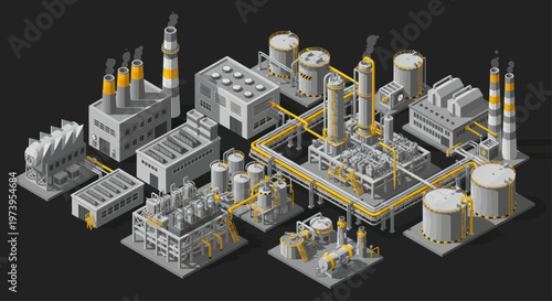 Isometric Industrial Factory Complex with Pipelines and Smokestacks.
