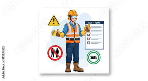 A vector illustration featuring a worker wearing safety gear and presenting a checklist, set against a white background with industry safety icons, designed to promote World Day for Safety