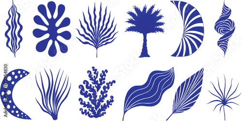 Blue abstract botanical and organic shapes