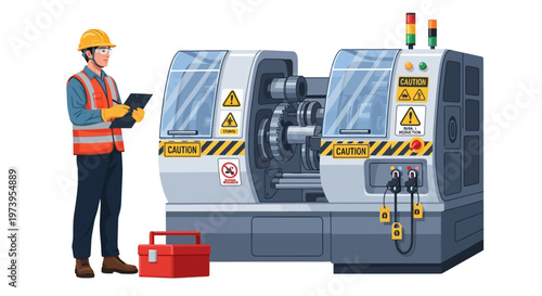 A worker wearing a safety vest and hardhat is shown reviewing a safety checklist near industrial equipment against a white backdrop in a vector illustration promoting the World Day