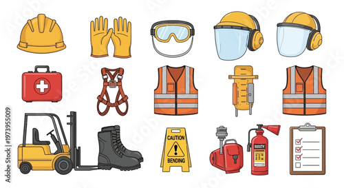 Detailed vector illustration showcasing safety equipment for the workplace safety industry, including a hard hat, vest, gloves, and forklift, arranged against a clean white background