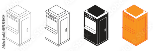 isometric set of kiosk icons in outline, black and orange versions for selling tickets or information services in urban transport stations