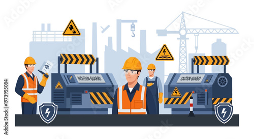 An illustration features industry workers in protective gear near machinery, symbolizing World Day for Safety and Health at Work, with a clean vector design promoting workplace safety