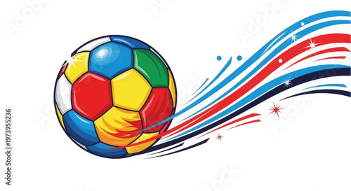 A vibrant vector of a colorful soccer ball with a dynamic design, featuring red, white, and blue motion lines emanating from the ball against a clean white background, creating a playful
