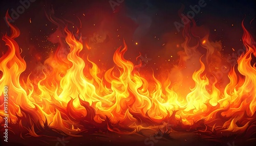 칠흑같이 어두운 배경 위로 강렬하게 솟구치는 주황색과 노란색의 뜨거운 화염이 역동적인 곡선을 그리며 타오르는 모습과 공중에 흩날리는 불꽃을 표현한 배경 이미지입니다.