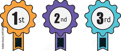 1st, 2nd, 3rd awards medal badge.Triad of victory emblems, artistic representation of gold, silver, and bronze prestige for elite competitive rankings.

