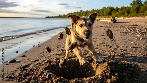 Energetic dog digging on a sandy beach at sunset.