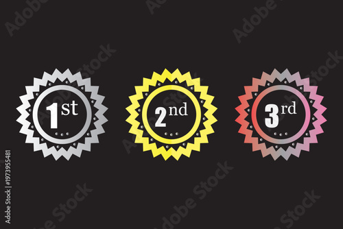 1st, 2nd, 3rd awards medal badge.Triad of victory emblems, artistic representation of gold, silver, and bronze prestige for elite competitive rankings.
