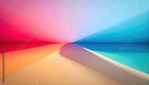 분홍색과 푸른색의 화려한 그라데이션이 돋보이는 추상적인 배경 이미지로 부드러운 모래 언덕 같은 곡선과 수평선이 조화를 이루며 현대적이고 평온한 감성을 전달하는 미니멀리즘 스타일의 고해상도 디지털 아트워크입니다.
