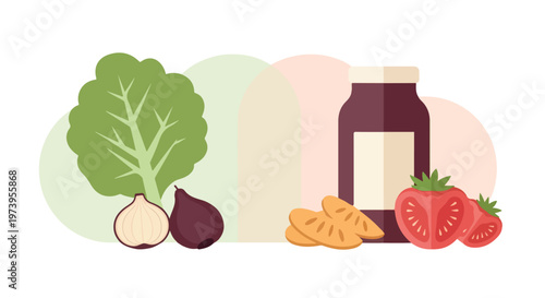 This flat vector illustration displays a variety of fresh ingredients like lettuce, onions, figs, and tomatoes beside a jar of jam.