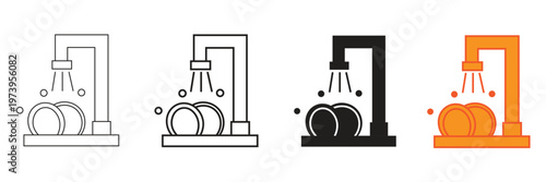 Set of dishwashing icons, depicting a faucet with water flowing onto stacked plates and bubbles, in outline, solid black, and vibrant orange styles for modern kitchen and household cleaning concepts.