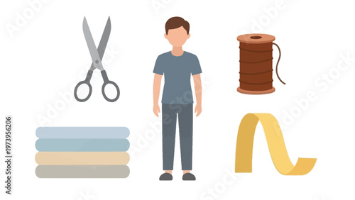 Tailor with scissors, thread, fabric, and measuring tape
