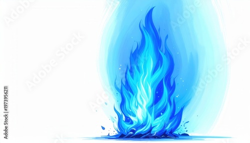 하얀색 배경 위에 타오르는 신비롭고 역동적인 파란색 불꽃 일러스트레이션으로 고온의 강력한 에너지와 현대적인 디자인 감각을 시각적으로 아름답게 표현한 고품질 그래픽 리소스 이미지입니다.