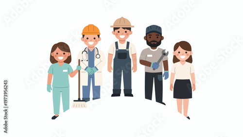 Various worker professions smiling together in a line, diverse careers